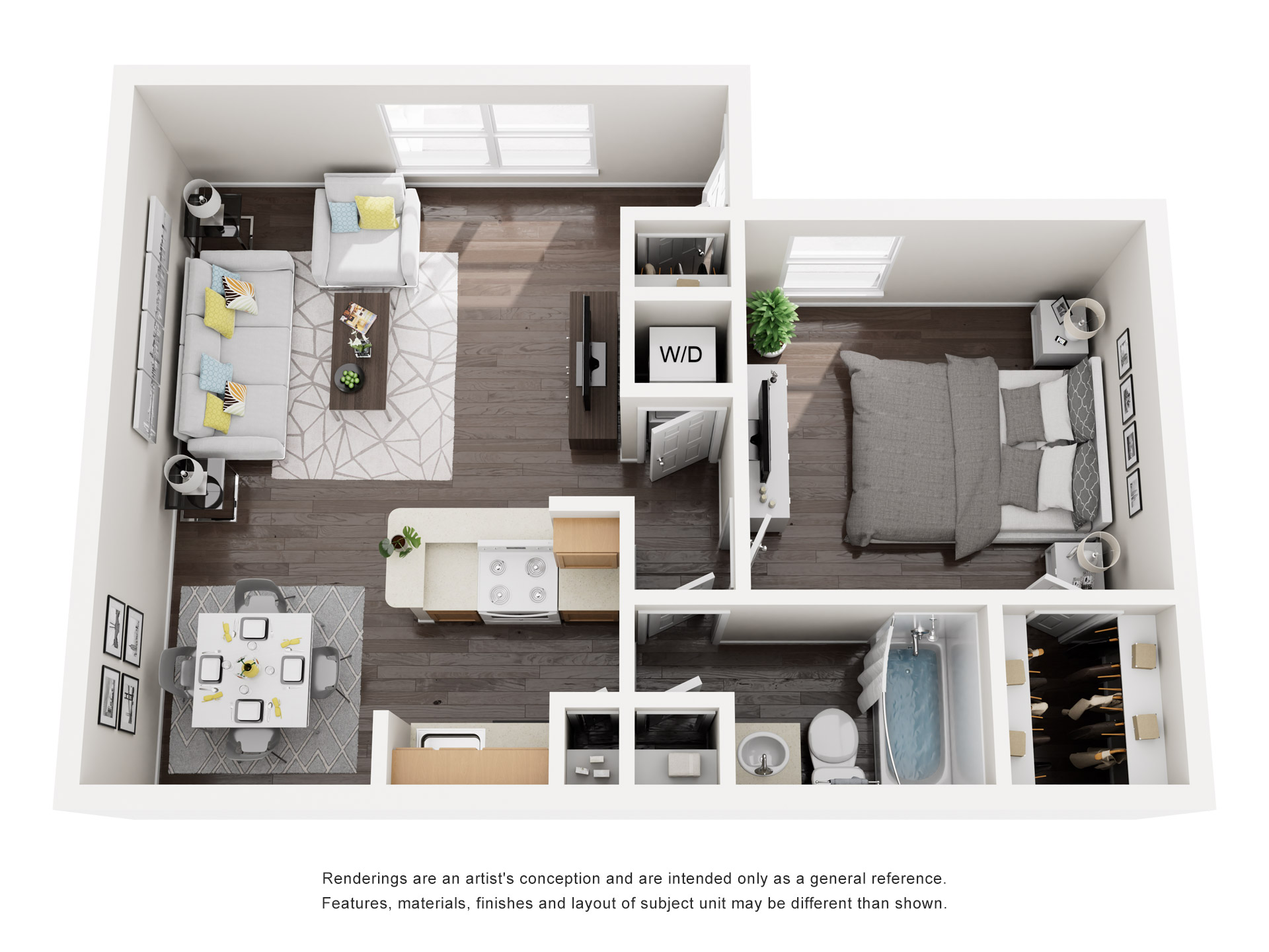 Floor plan for 1 bed, 1 bath, 633 sqft